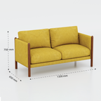 Yellow Formo two-seat sofa with brown side frame and dimension arrows