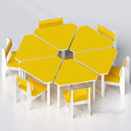 Yellow Fusion modular school tables and chairs arranged in a circle