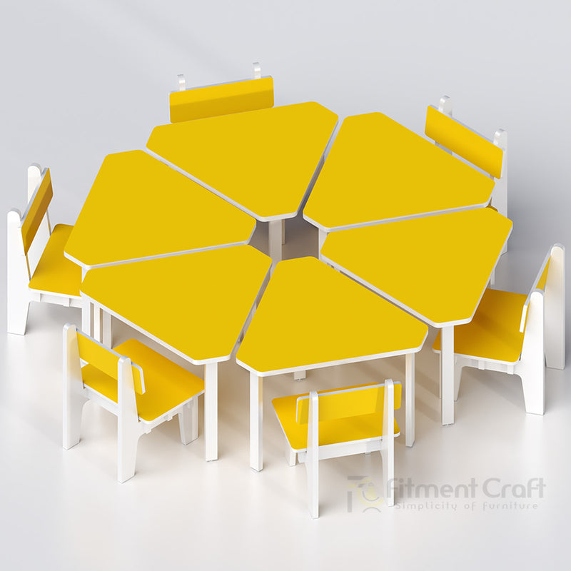 Yellow Fusion modular school tables and chairs arranged in a circle