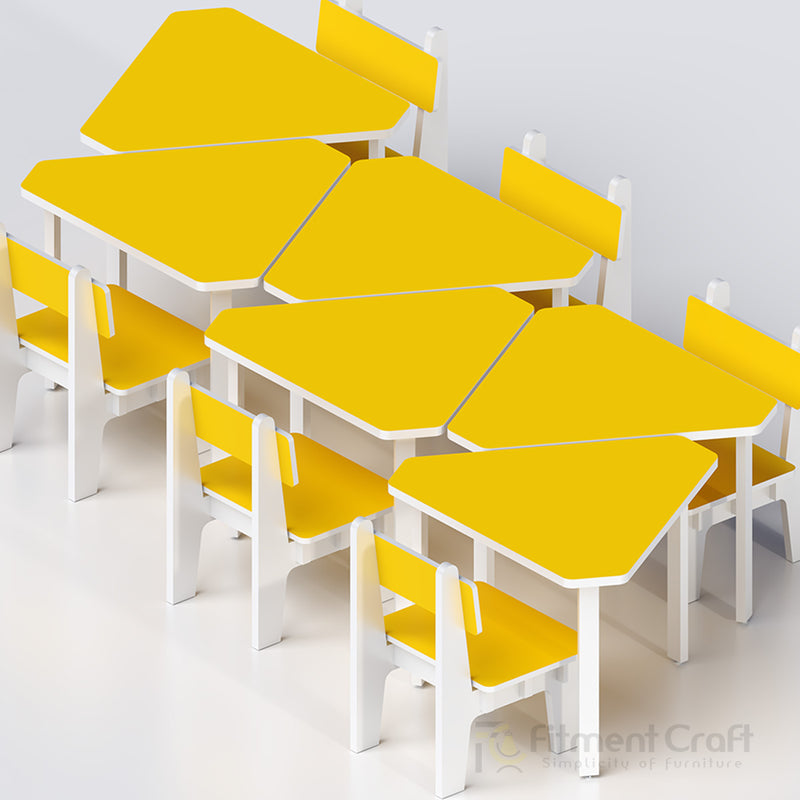 Yellow Fusion modular school tables and chairs arranged in rows