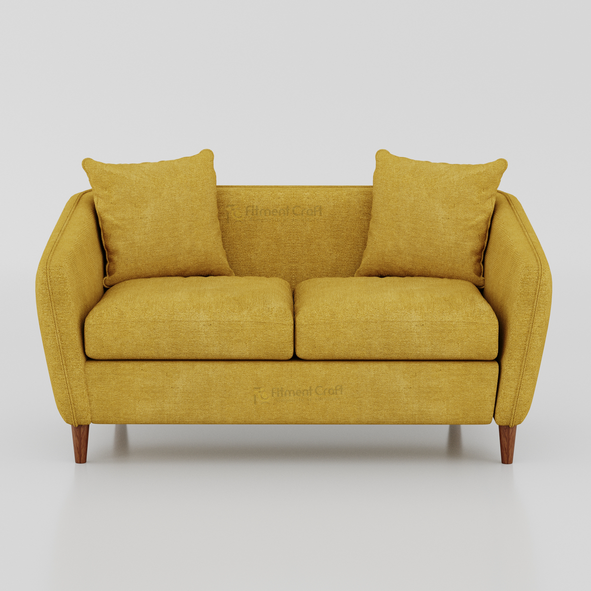 Yellow Marsh two-seat sofa with two matching cushions and brown legs