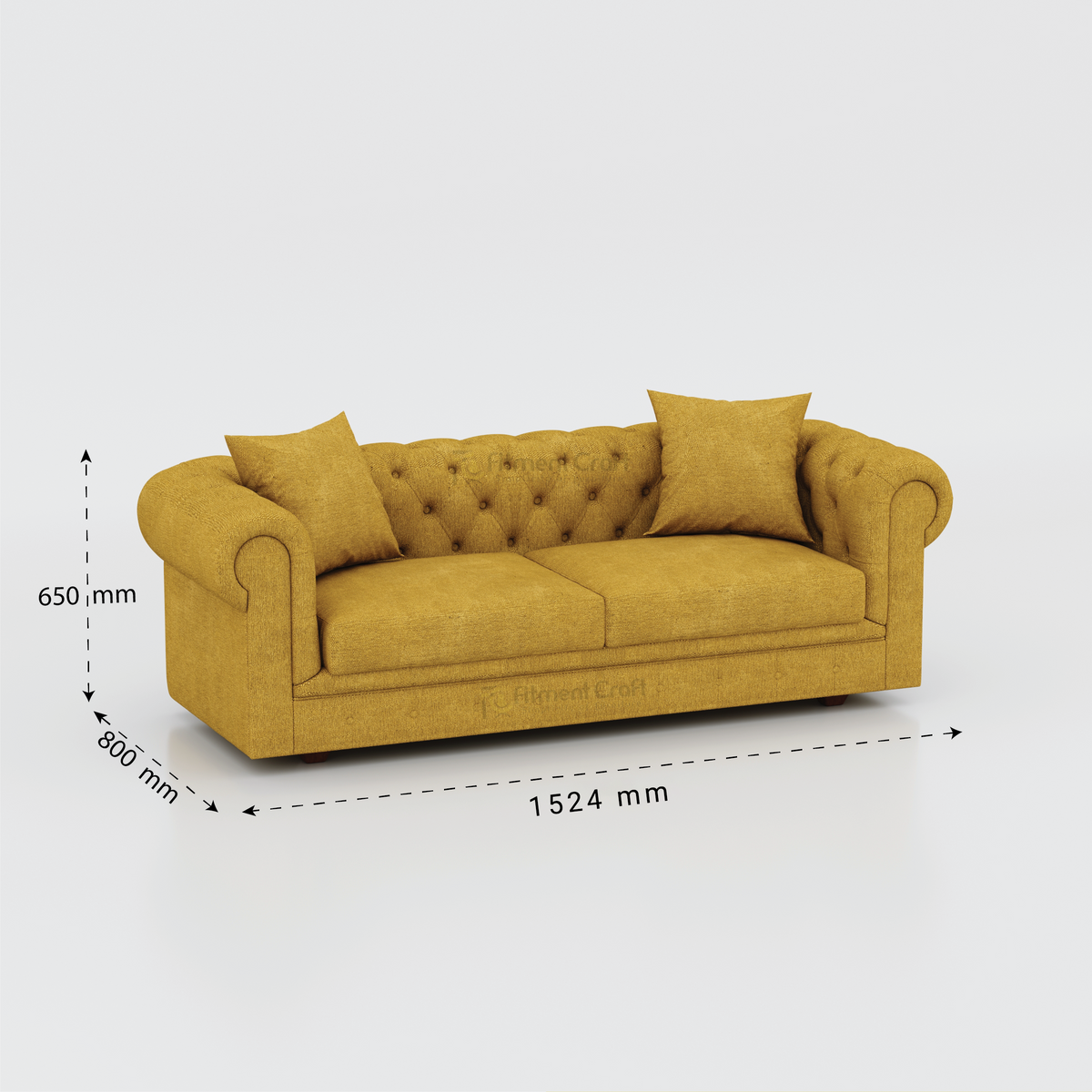 Yellow Windsor two-seat sofa with rolled arms and dimension arrows