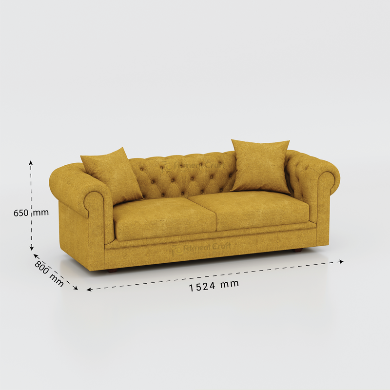 Yellow Windsor two-seat sofa with rolled arms and dimension arrows