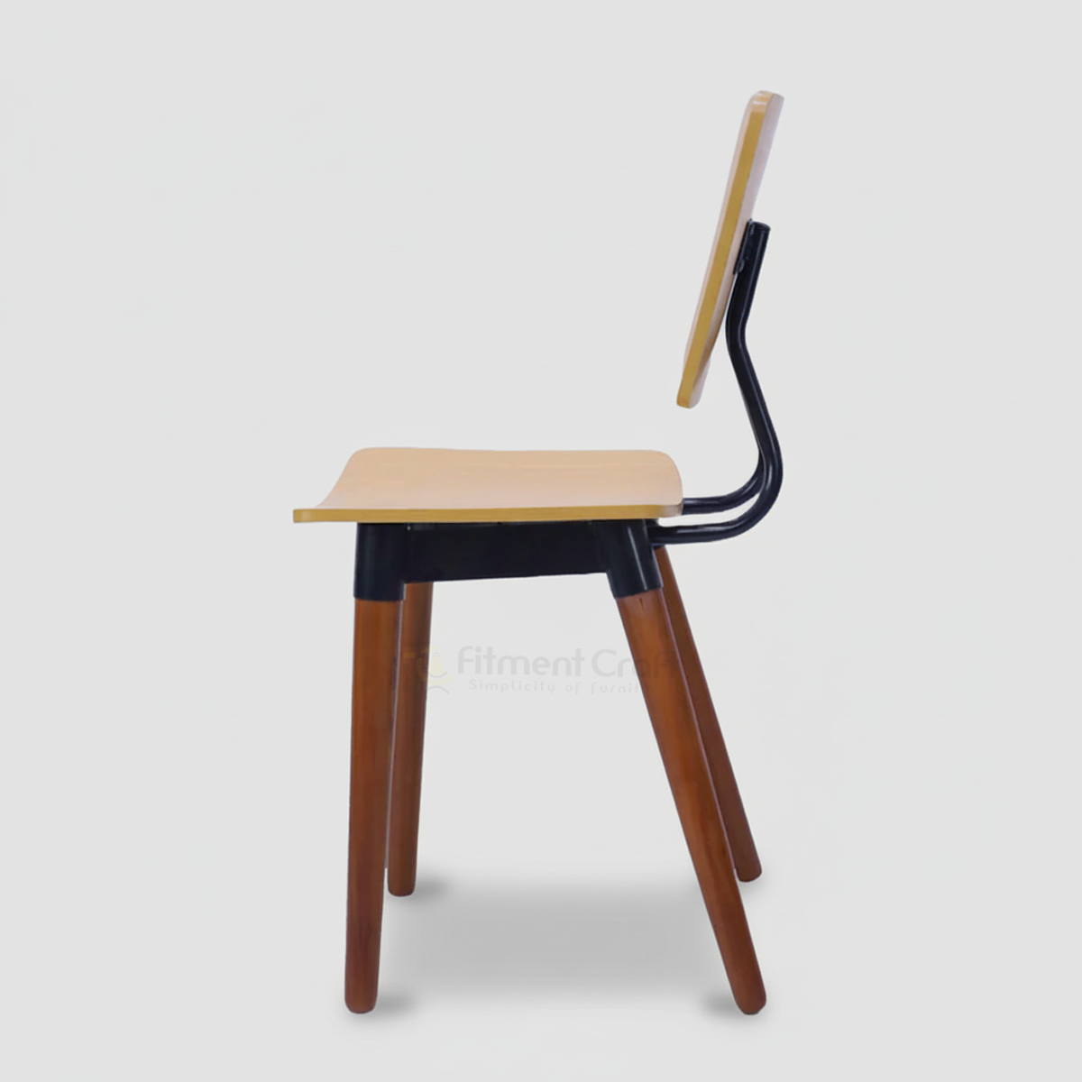 Yoko chair side view with pale seat and back, black support and brown legs