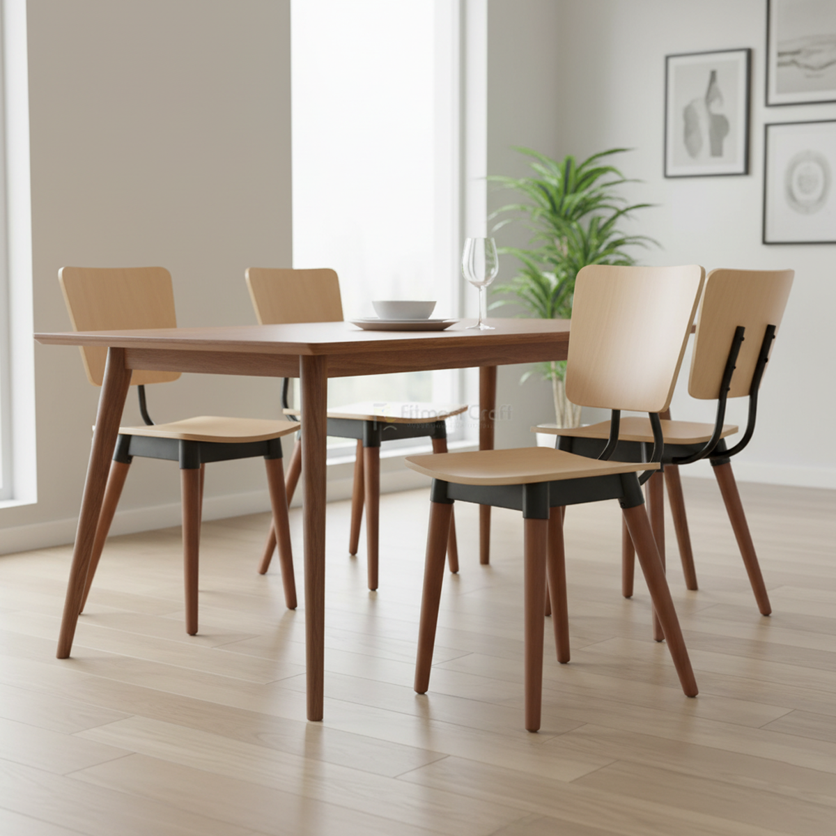 Yoko dining chairs with pale seats and brown legs around a dining table