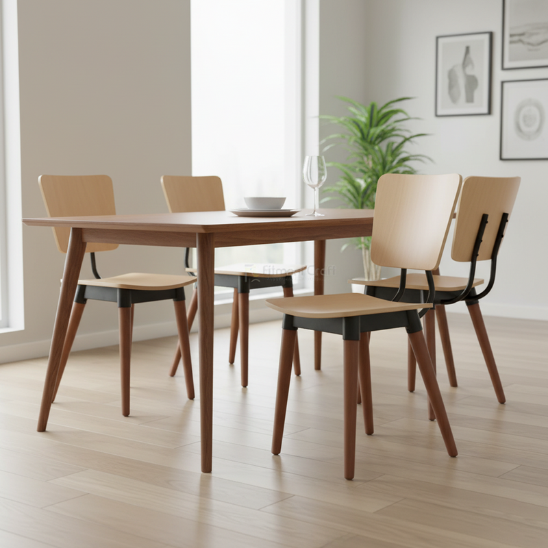 Yoko dining chairs with pale seats and brown legs around a dining table