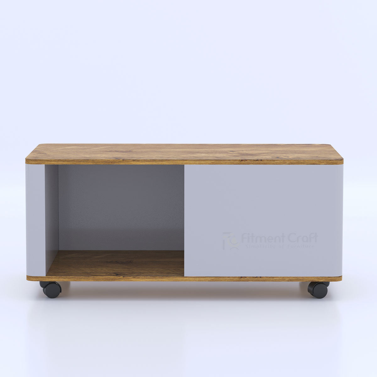 Zenith centre table front view with open compartment and pale sliding panel