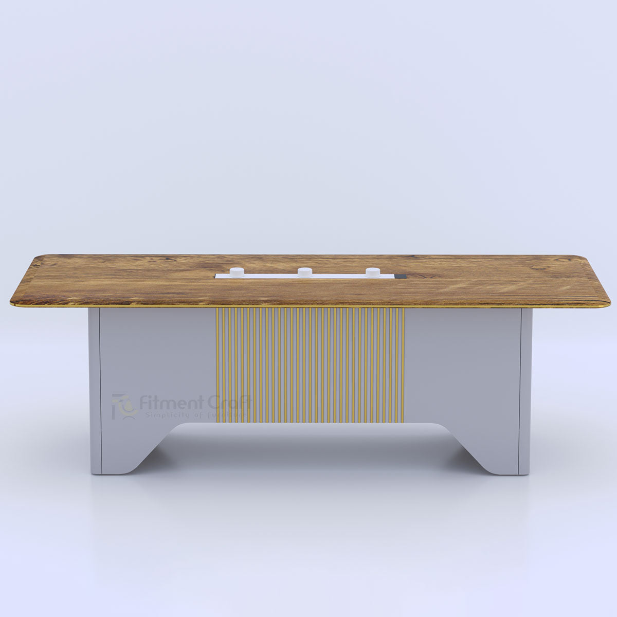 Zenith conference table front view with wood-tone top and pale pedestal base