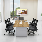 Zenith conference table with wood-tone top and black chairs in a meeting room