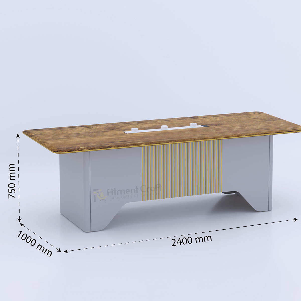 Zenith conference table with wood-tone top and dimension arrows