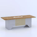Zenith conference table with wood-tone top, grey base and gold-coloured vertical accents