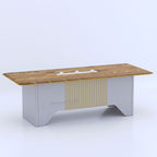 Zenith conference table with wood-tone top, grey base and gold-coloured vertical accents