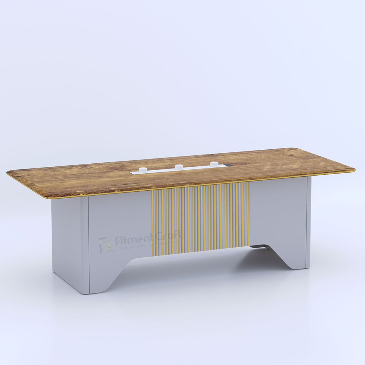 Zenith conference table with wood-tone top, grey base and gold-coloured vertical accents