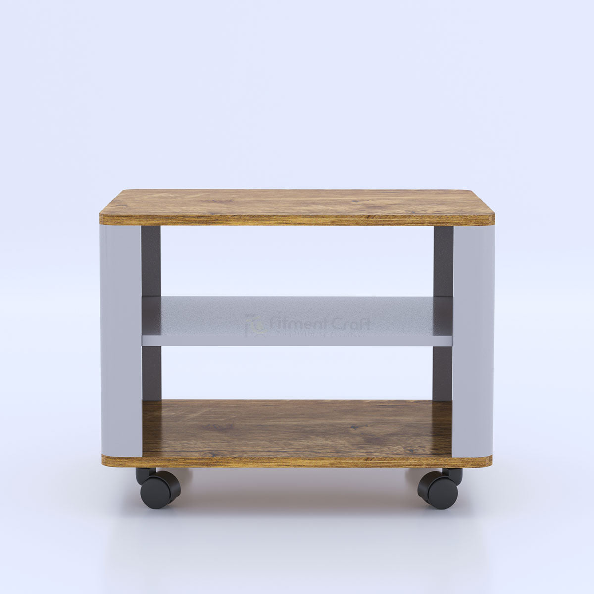 Zenith side table front view with open shelves and castors