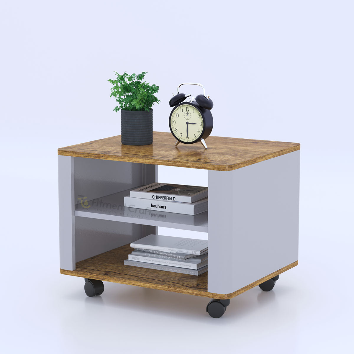 Grey Zenith mobile side table with wood-tone top and two open storage compartments