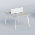 Light-coloured Zenora face-to-face workstation with white divider and angled white legs