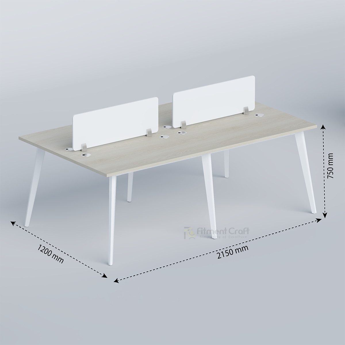 Zenora four-person workstation with pale top and dimension arrows