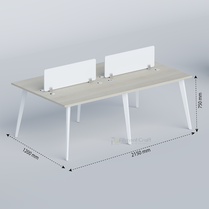 Zenora four-person workstation with pale top and dimension arrows