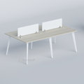 Zenora four-person workstation with pale desktop, white legs and two white dividers