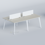Zenora four-person workstation with pale desktop, white legs and two white dividers