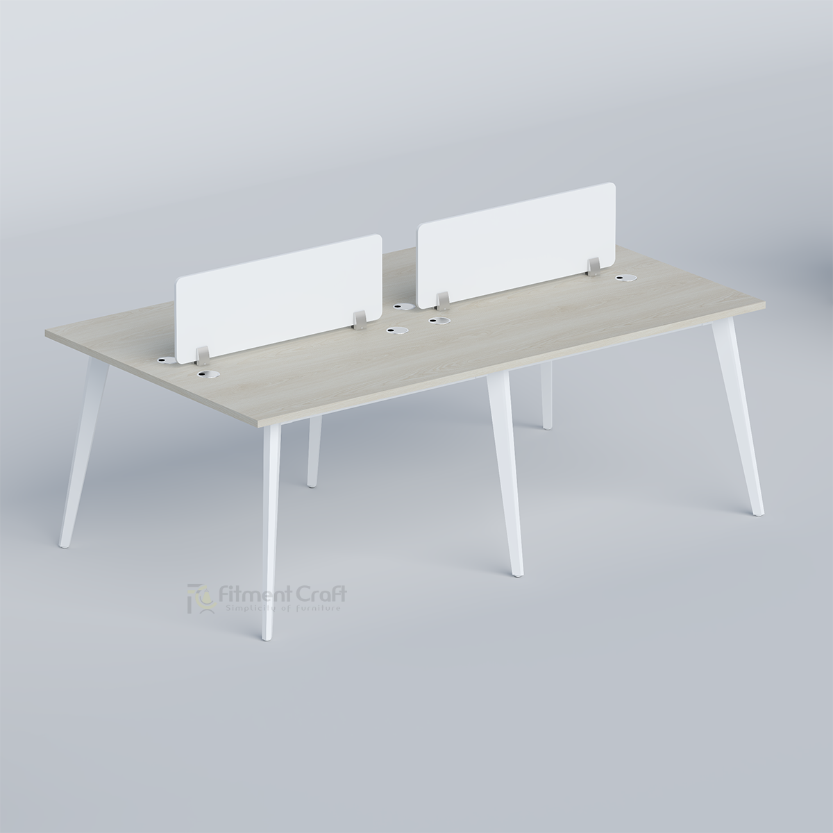 Zenora four-person workstation with pale desktop, white legs and two white dividers