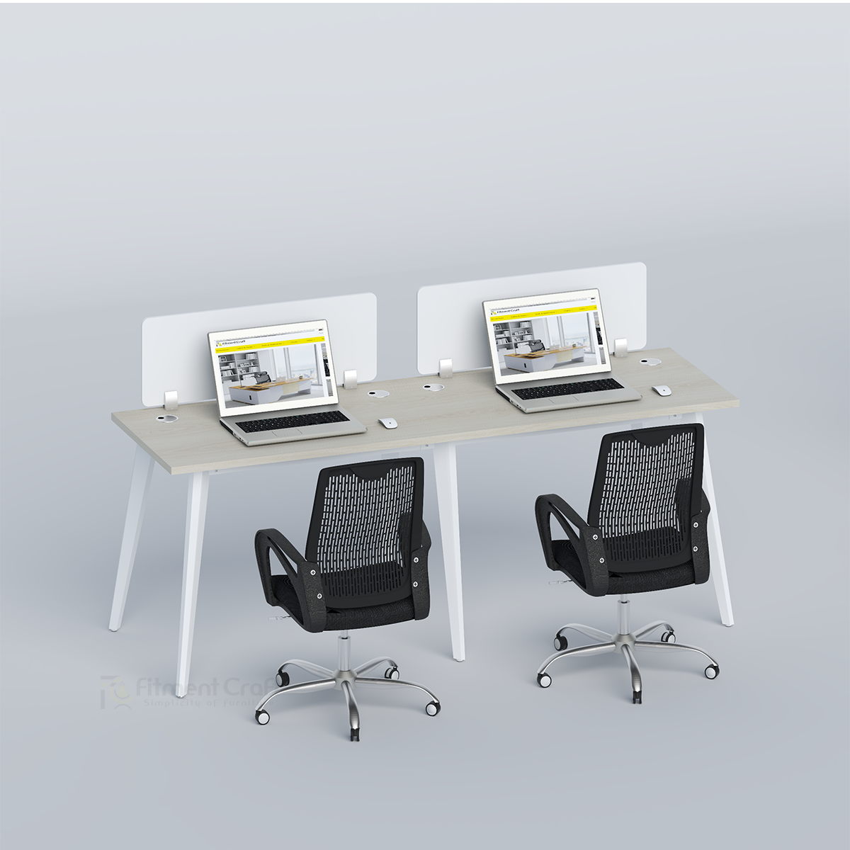 Zenora side-by-side workstation with pale top, white dividers and two black chairs