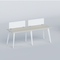 Zenora side-by-side two-person workstation with pale top, white legs and two white dividers