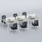 Zenora six-person workstation with laptops and six black office chairs
