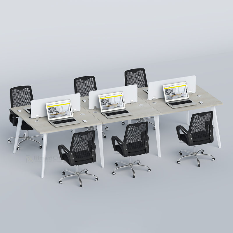 Zenora six-person workstation with laptops and six black office chairs