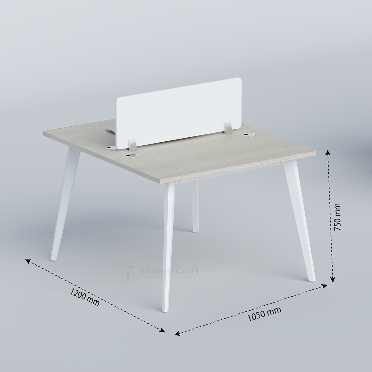 Zenora two-person workstation dimension diagram with white divider
