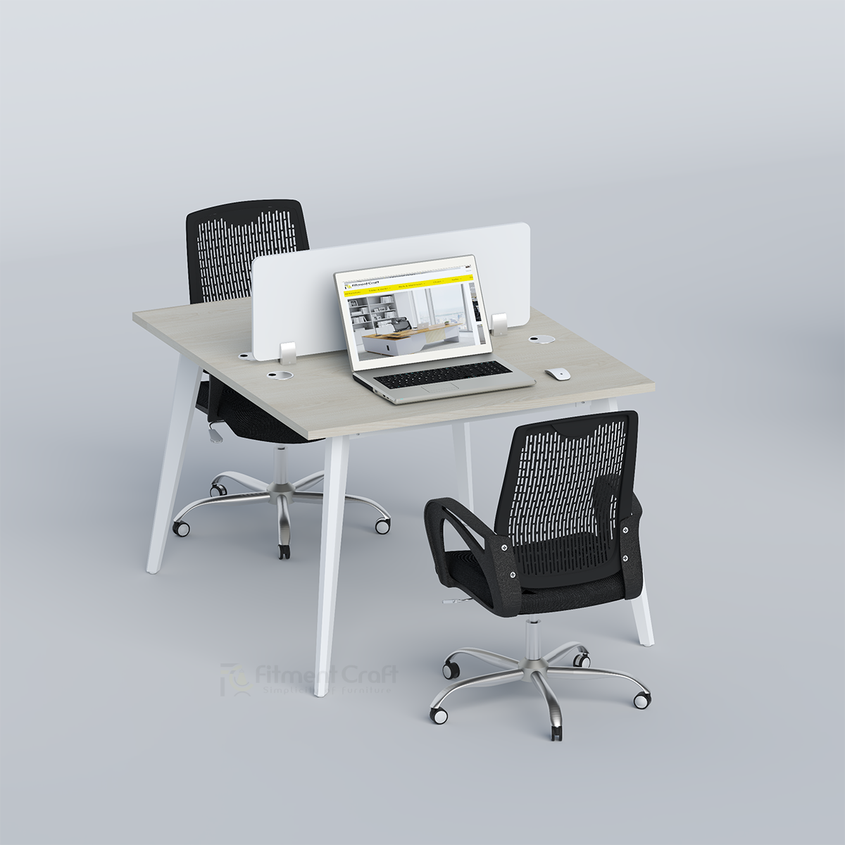 Zenora two-person workstation with white divider, laptop and black chairs