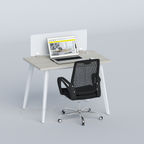Zenora workstation with laptop, white divider and black mesh office chair