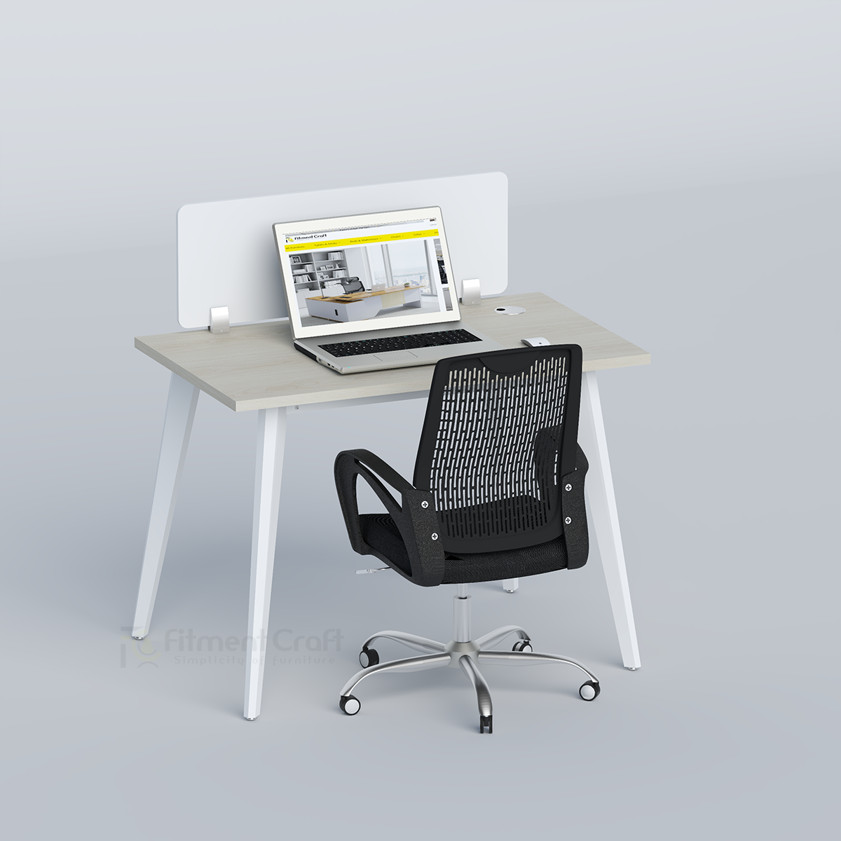 Zenora workstation with laptop, white divider and black mesh office chair