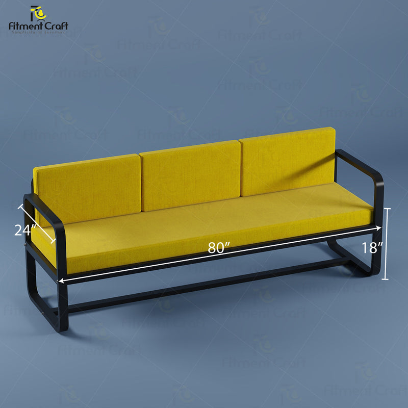 Yellow Comfort three-seat sofa dimension diagram with black frame